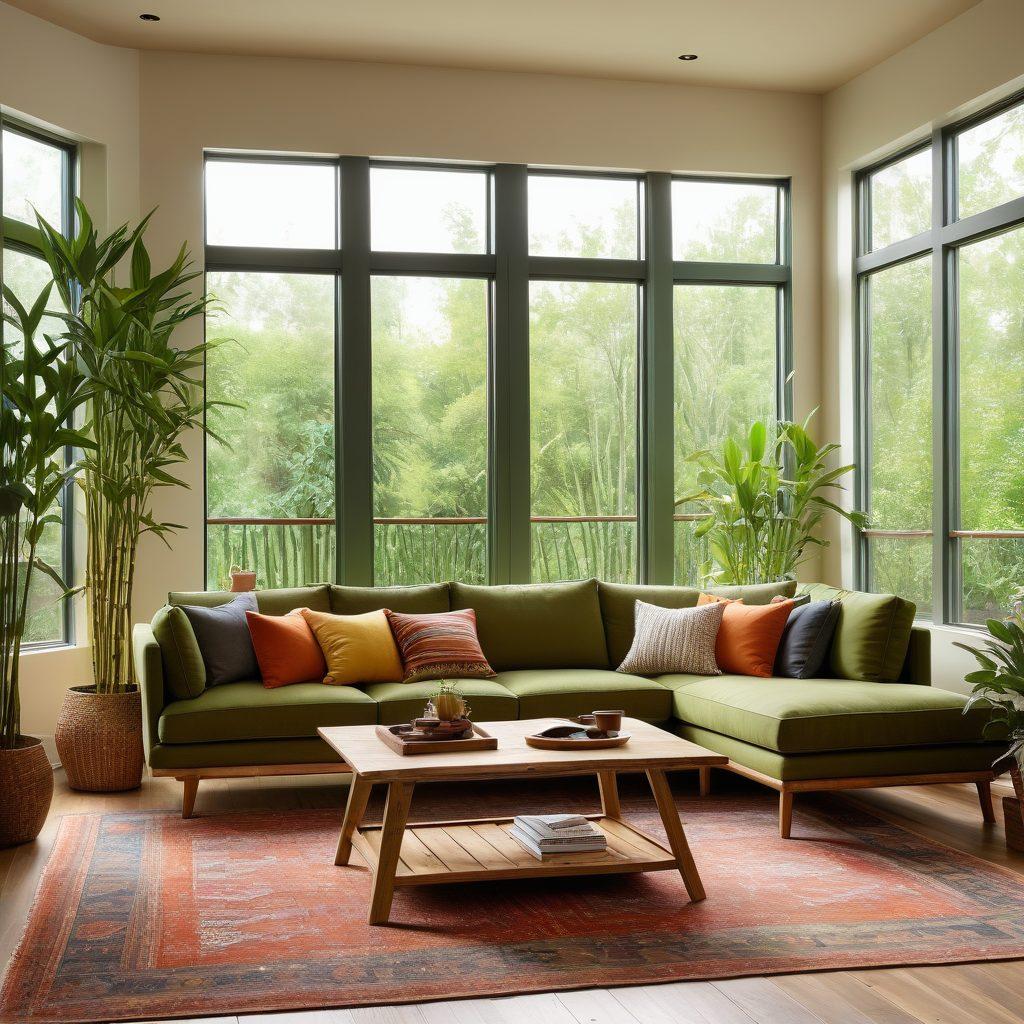 A cozy living room featuring eco-friendly bamboo flooring, accented by lush indoor plants and natural light streaming through large windows. Showcase sustainable furniture, such as a reclaimed wood coffee table and an organic cotton sofa, to emphasize a green lifestyle. Incorporate earthy tones and textures to create a warm atmosphere, with a hint of nature-inspired decor. super-realistic. vibrant colors. warm lighting.