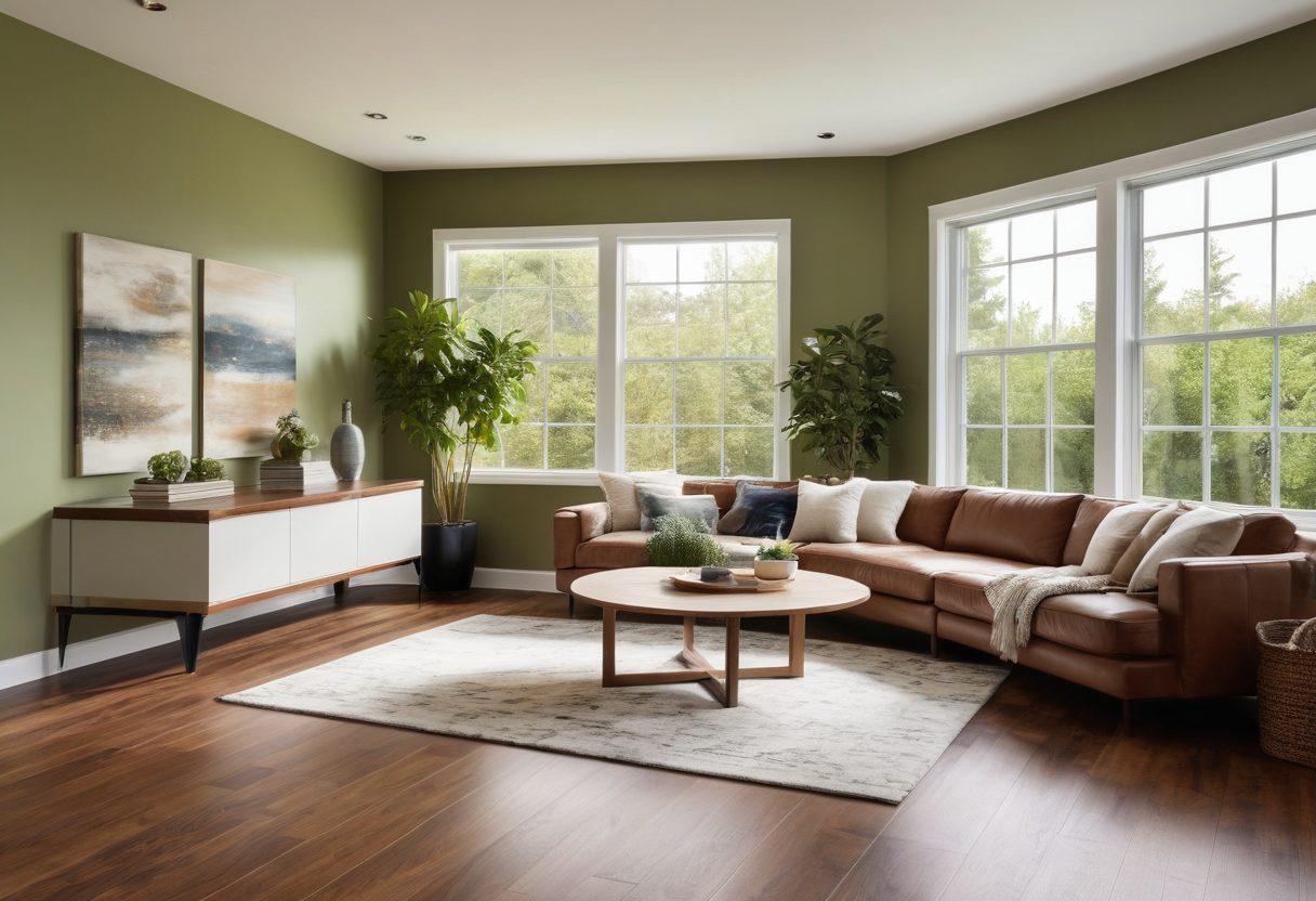 A beautifully designed room showcasing a seamless transition from rich hardwood flooring to elegant vinyl planks. The room should feature stylish furniture and decor that complements both flooring types, along with vibrant plants for a fresh touch. Sunlight streaming through large windows enhances the warmth of the hardwood and the sleek appearance of vinyl. Include a soft color palette for the walls to create an inviting atmosphere. super-realistic. warm tones. bright natural light.