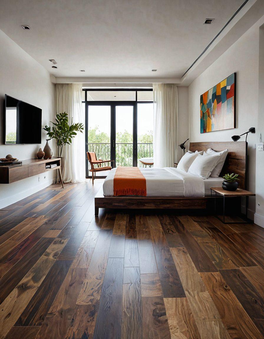 A beautifully styled interior showcasing various flooring solutions, from elegant hardwood to vibrant tile, each section blending seamlessly into the next. The room is filled with natural light, highlighting the textures and colors of the floors. Cozy furniture complements the flooring styles, creating an inviting atmosphere. Decorative elements such as plants and artwork enhance the overall aesthetic. Minimalist design allows each floor type to shine. super-realistic. vibrant colors. modern interior.